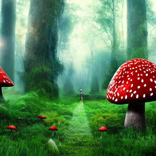 Prompt: forest of giant red spotted Amanita muscaria mushrooms, shafts of lighting, cinematic lighting, field of exotic flowers and plants, grassy path, unreal engine, cinematic lighting, blue sky, rolling fields, ultra detailed, concept art, realistic, moody, white cuts, no depth of field, trending on artstation, garden landscape scene