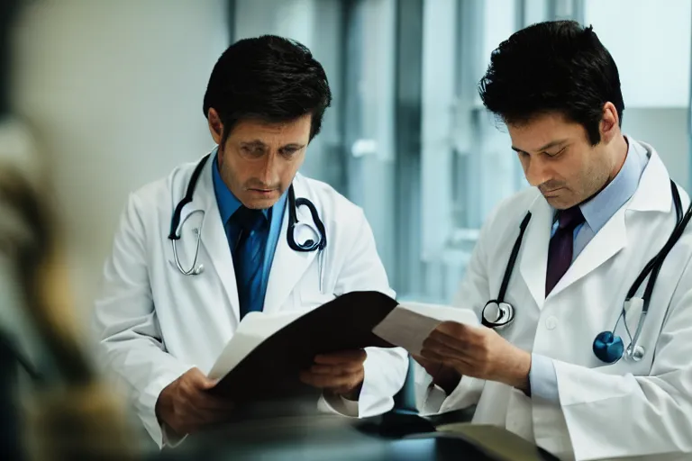 Image similar to a cinematic shot of an doctor reading his notes, talking to a patient, moody lighting, action, movie still, shallow depth of field, muted colors