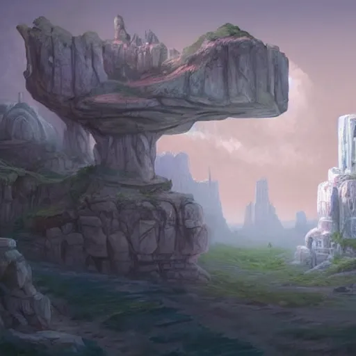 Prompt: concept art by tyler edlin of a small, white marble cliff in a meditereanian landscape, with stone henge on top