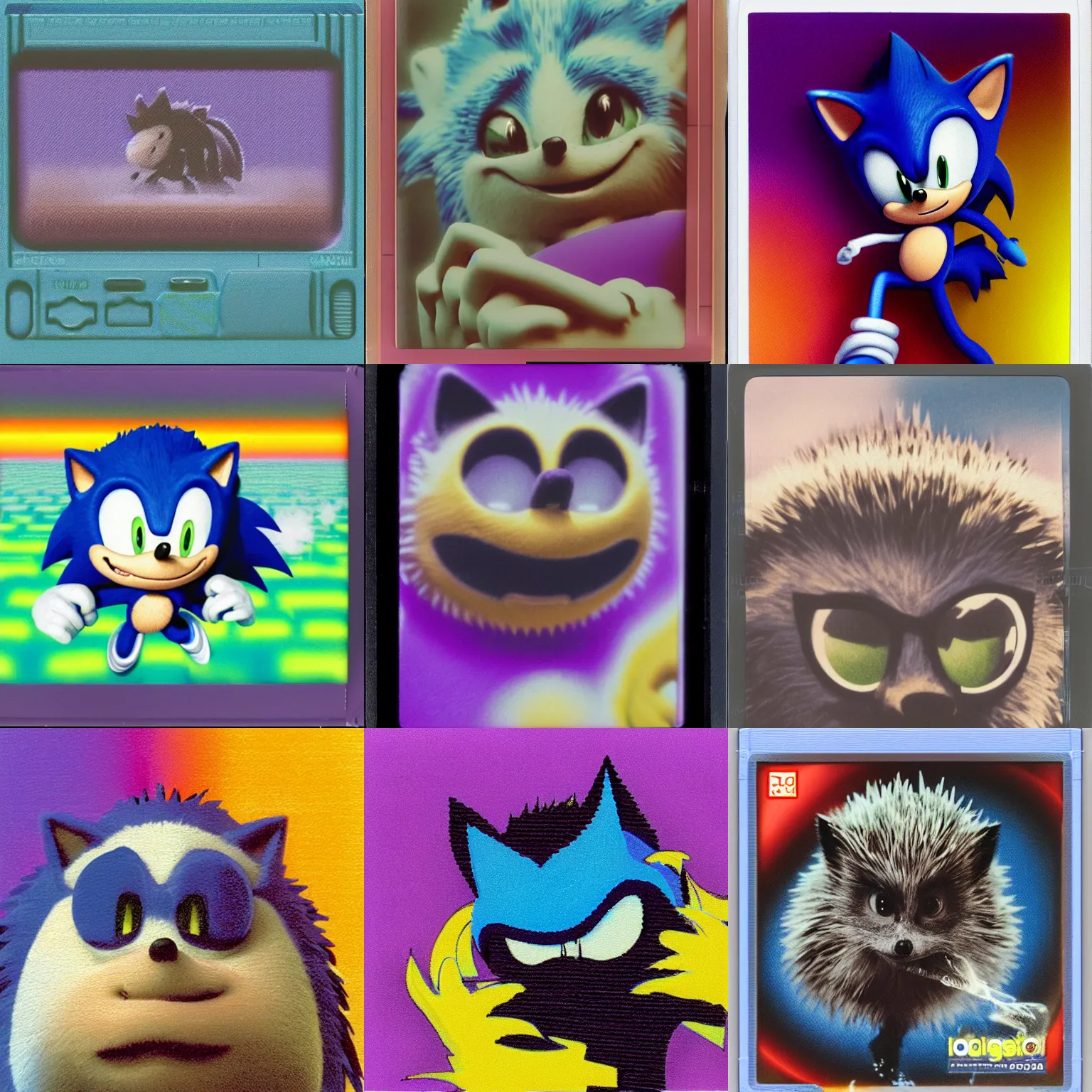 Prompt: close up polaroid instax portrait of sonic hedgehog and a matte painting landscape of a surreal, sharp, foggy, detailed professional, soft pastels, high quality airbrush art album cover of a liquid dissolving airbrush art lsd dmt sonic the hedgehog swimming through cyberspace, purple checkerboard background, 1 9 9 0 s 1 9 9 2 sega genesis rareware video game album cover