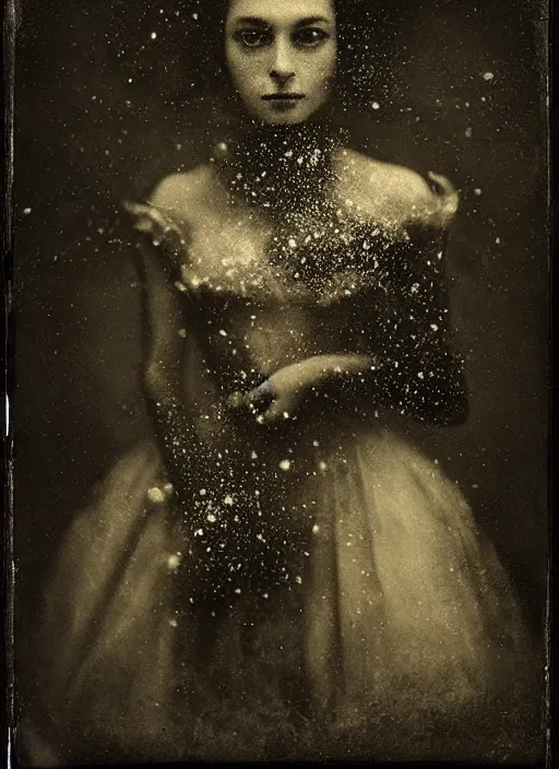 Image similar to old wetplate daguerreotype elegant pretty portrait with explosion of data fragments, fractal, intricate, elegant, highly detailed, parallax, leica, medium format, subsurface scattering, by jheronimus bosch and greg rutkowski and louis jacques mande daguerre