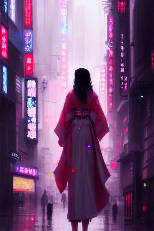 Image similar to portait of a beautiful young cyberpunk geisha half body in a kimono and with an white umbrella in cyberpunk city with neon lights, ambient lights, rainy day, digital painting, art station, by greg rutkowski