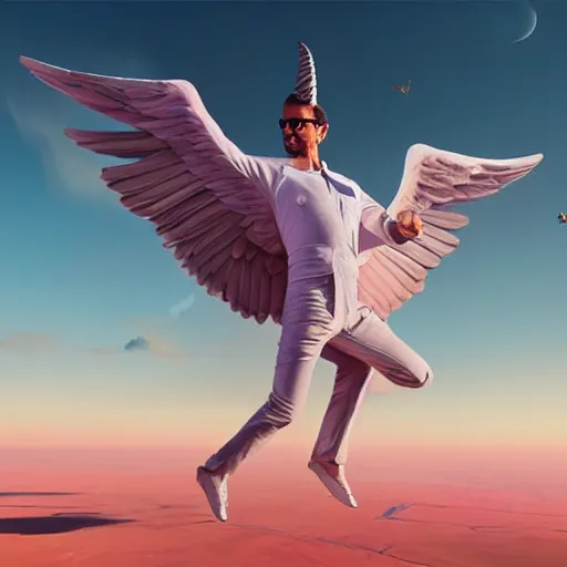 Prompt: jeff goldblum riding a winged unicorn, art by beeple, hyperrealistic