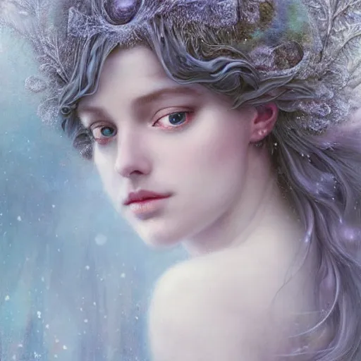 Image similar to Beautiful Delicate Detailed portrait of snow woman, With Magical grey eyes by Tom Bagshaw, Bastien Lecouffe Deharme, Erik Johansson, Amanda Sage, Alex Grey, Alphonse Mucha, Harry Clarke, Josephine Wall and Pino Daeni, Delicate winter frozen creature With long white windy Hair and Magical Sparkling Eyes, Magic Particles; Magic Swirls, in a oit of this world magical frozen landscape, 4K; 64 megapixels; 8K resolution concept art; detailed painting; digital illustration; hyperrealism; trending on Artstation; Unreal Engine Photorealistic, lifelike, Unreal Engine, sharp, sharpness, detailed, 8K