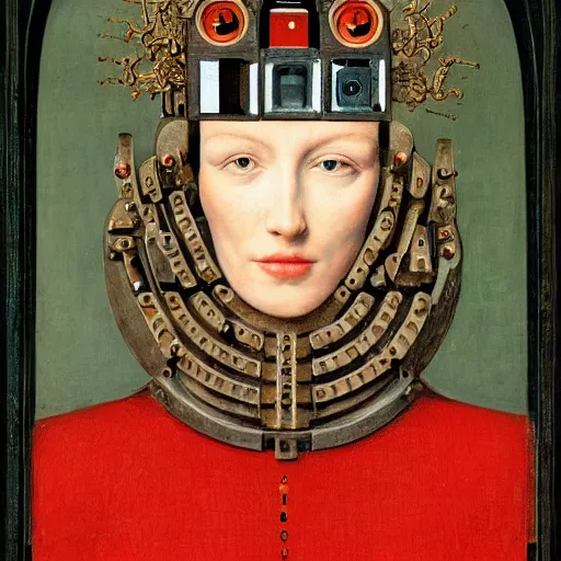 Image similar to a portrait of cyborg queen jacked into a man-machine interface by Jan van Eyck