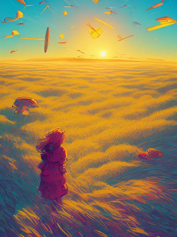 Prompt: a beautiful and quiet plain with fields of wheat, tarot card detailed illustration, sunny and colorful, gentle breeze, by dan mumford and anton fadeev