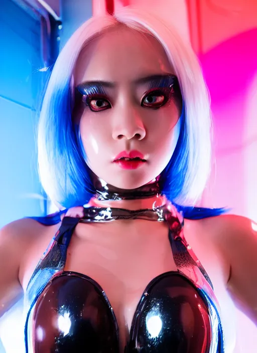 Prompt: a close-up risograph long shot of cyberpunk japanese model girl with black eyes and pretty face wearing latex catsuit and lots of transparent and cellophane accessories, blue hour, twilight, cool, portrait, Kodachrome, ISO1200,