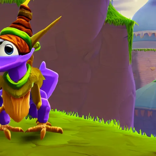 Image similar to screenshot of a humanoid anthropomorphic gryphon bard with a feather in its cap as an enemy in spyro the dragon video game, with playstation 1 graphics, activision blizzard, upscaled to high resolution