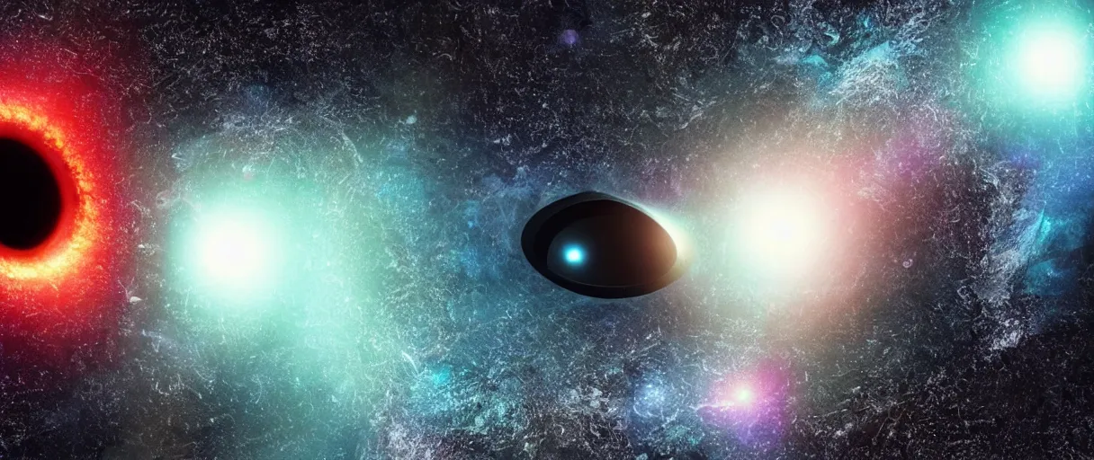 Image similar to realistic photo of one black hole in space, organic, drawn symbols, volumetric, particles, physical, translucence, cinematic lighting, iridescence