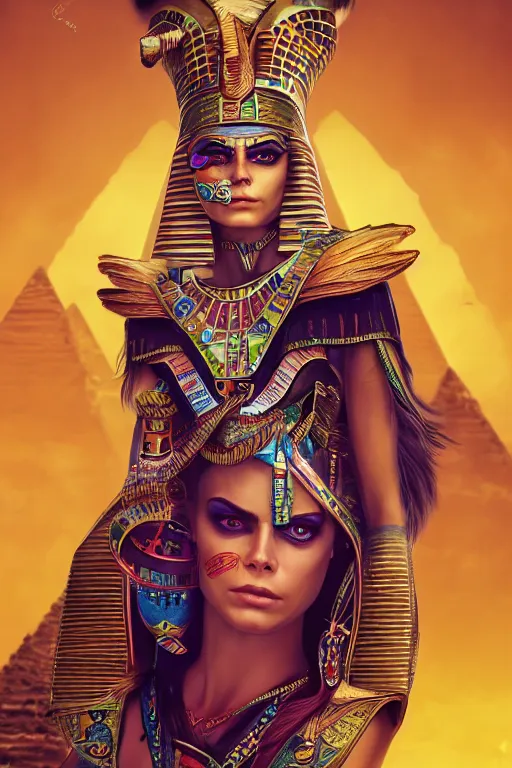 Prompt: cara delevigne as an egyptian cat goddess, vivid colors, high details, cinematic, 8k resolution, beautiful detailed, photorealistic, digital painting, artstation, concept art, smooth, sharp focus, illustration, fantasy background, artstation trending, octane render, unreal engine