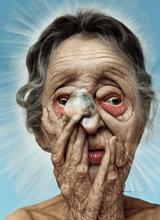 Image similar to an old woman with a weird look on her face, a surrealist painting by Martin Schoeller, shutterstock contest winner, pop surrealism, angelic photograph, stock photo, photoillustration