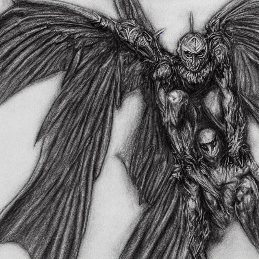 Image similar to A detailed charcoal sketch of Mothman facing forward, 8k, highly detailed