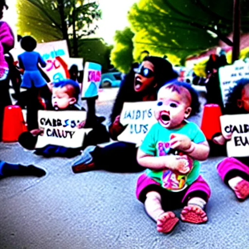 Image similar to babies protesting in front of a daycare center