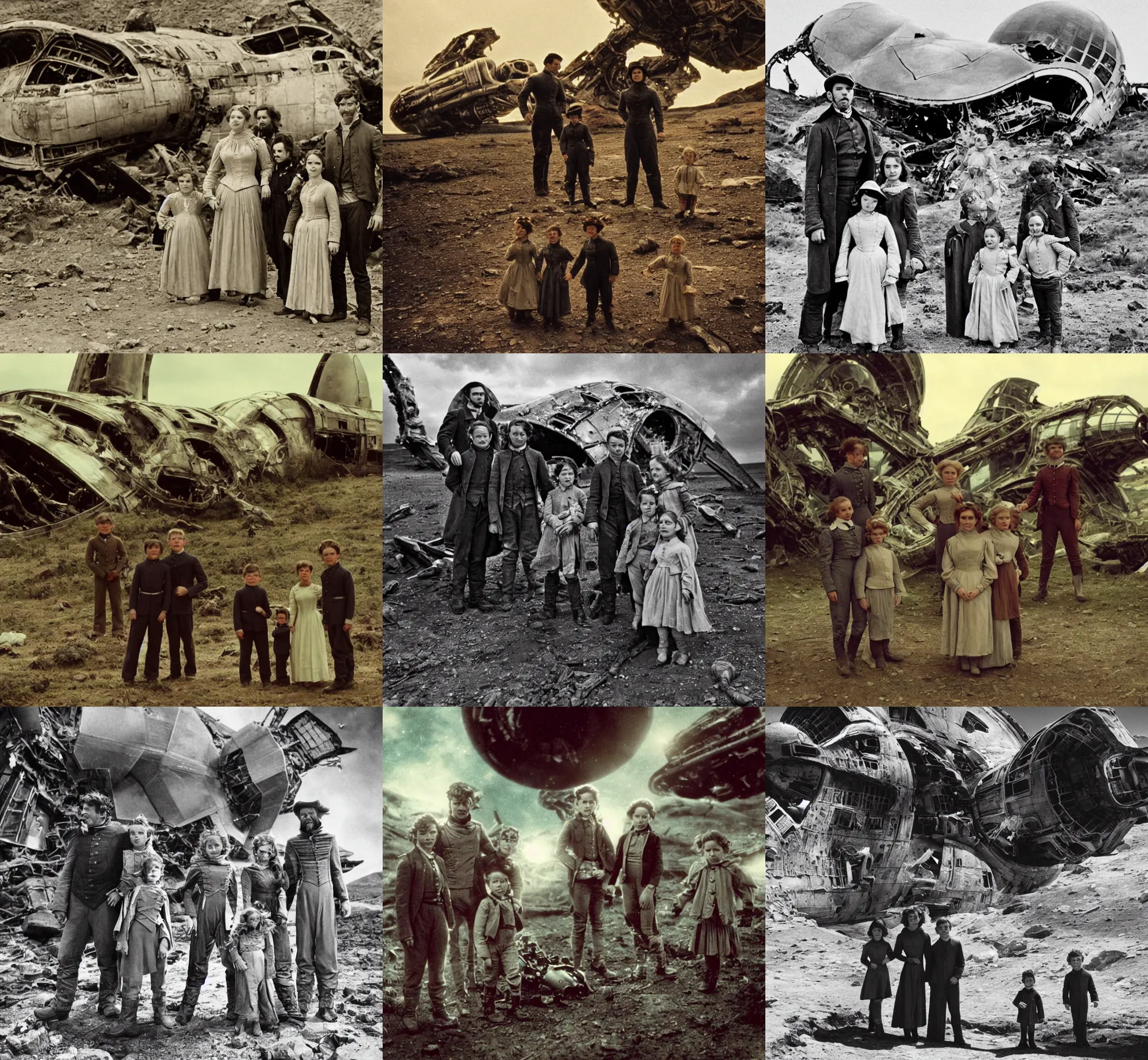 Prompt: extremely sharply detailed, scan from blockbuster 9 6 0 k sci fi color movie freeze frame, set 1 8 6 0, family standing in front of crashed spaceship, on alien planet, looking happy, wearing 1 8 5 0 s era clothes, atmospheric lighting, in focus, reflective eyes, - 9 9 9 mm macro lens, live action, nice composition and photography, clear faces