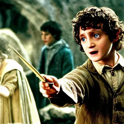 Prompt: frodo baggins buying a magic wand in harry potter movie