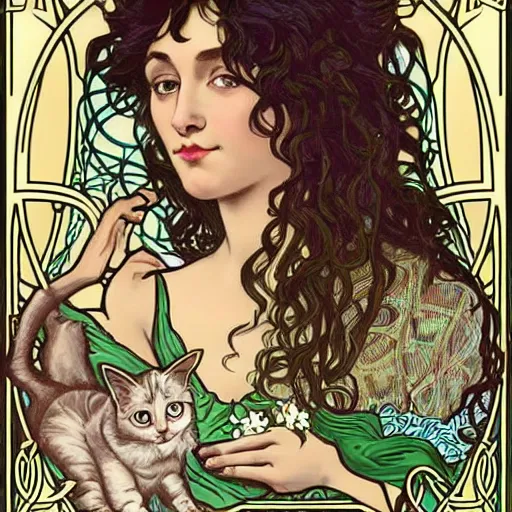 Image similar to lady with long curly hair with a cat beside her, celtic spread tarot cards on a table in front of her, elegant face, in a gypsy tent with Alphonse Mucha art nouveau poster style, with thin lines and pastel colors,