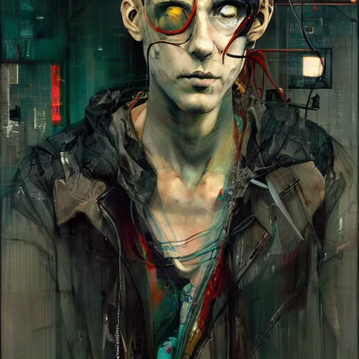 Image similar to male cyberpunk hacker dream thief, wires cybernetic implants, in the style of adrian ghenie, esao andrews, jenny saville,, surrealism, dark art by james jean, takato yamamoto