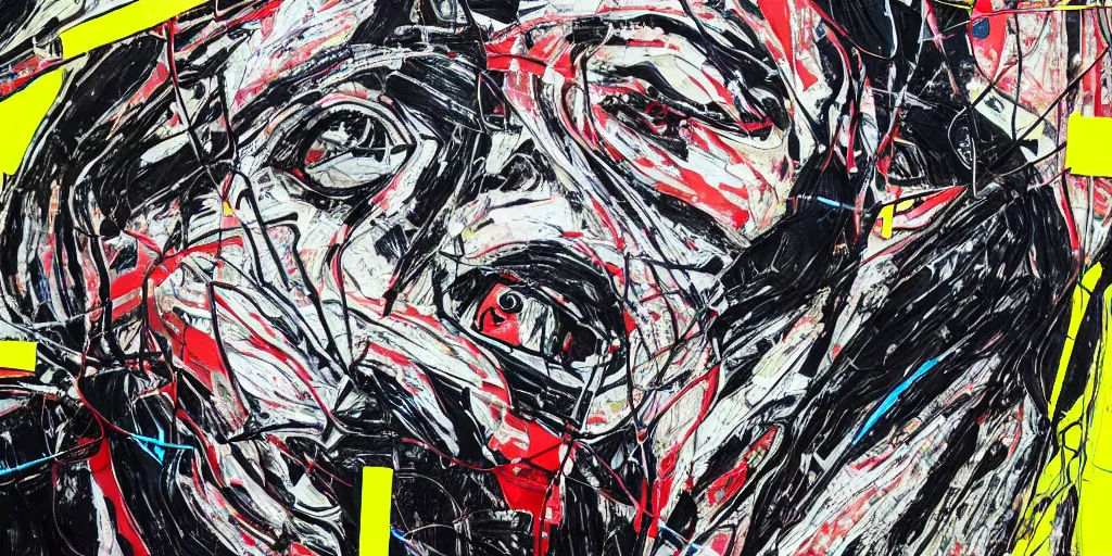 Image similar to close up portrait car crash test, thick lines with paint, collage paper and tape, acrylic on canvas, expressionism movement, breathtaking detailed, by blake neubert