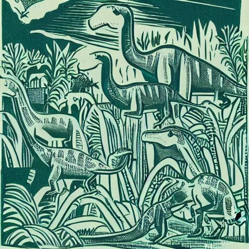 Prompt: dinosaurs by Edward Bawden, linocut