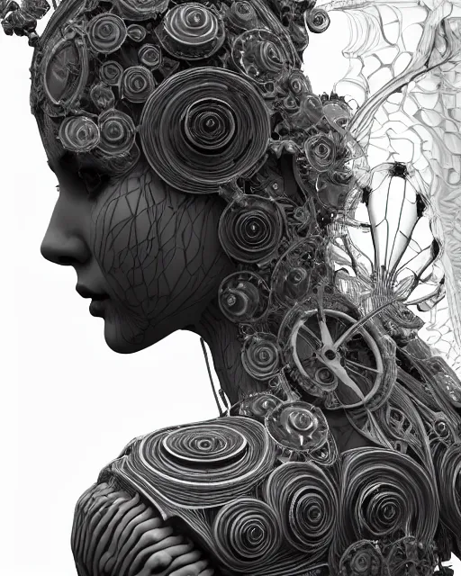 Image similar to mythical dreamy black and white organic bio-mechanical spinal ribbed profile face portrait detail of translucent steampunk beautiful female angelic-human-queen-vegetal-cyborg, highly detailed, intricate trnaslucent ivy jelly ornate, poetic, translucent roses ornate, 3D render, digital art, octane render, 8K artistic photography, photo-realistic, by Dora Maar