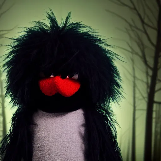 Prompt: focus portrait of dark angry fluffy muppet in night, dark forest background, bokeh, inspired by Tim Burton, octane render