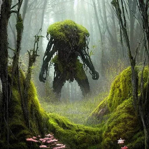 Image similar to a beautiful terrifying monster made out of moss and flowers, emerging from the undergrowth. ethereal horror fantasy art by greg rutkowski