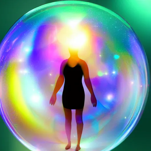 Prompt: psychonautist in a crystal sphere, digital painting, award winning, volumetric lighting