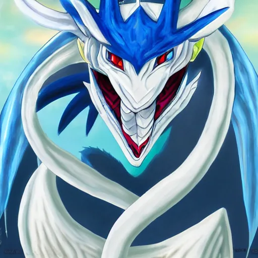 Prompt: Trending on artstation, Blue-Eyes White Dragon from Yu-Gi-Oh, in the style of Kazuki Takahashi, oil on canvas