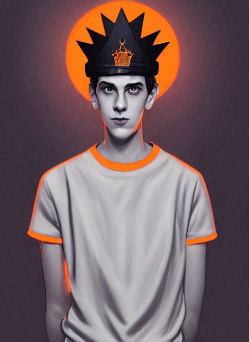 Image similar to portrait of teenage jughead jones wearing a light grey crown, symmetrical crown, hamburger background, eyes closed, crown, black hair, orange, intricate, elegant, glowing lights, warm lighting, highly detailed, digital painting, artstation, concept art, smooth, sharp focus, illustration, art by wlop, mars ravelo and greg rutkowski