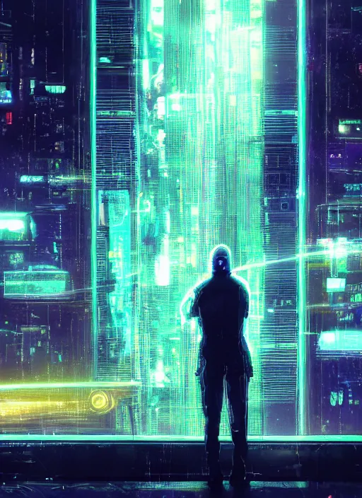 Image similar to lonely cyber person made of cosmic nebula galaxy energy watching a rainy stormy colorful complex cyberpunk futuristic city from behind at night through a window in a room full of wires and screens, 8 k, hyper photorealistic, wet, highly detailed, cinematic mood by ridley scott, ghost in the shell, rendered in octane, trending on artstation, glowing lights, gloomy, epic composition