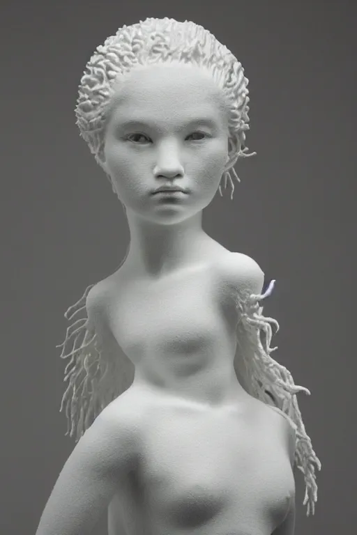 Image similar to full head and shoulders, beautiful female porcelain sculpture by daniel arsham and raoul marks, smooth, large hair is solid gold, all face features are white, on a white background, delicate facial features, white eyes, white lashes, detailed white, lots of 3 d giant axolotls on the head