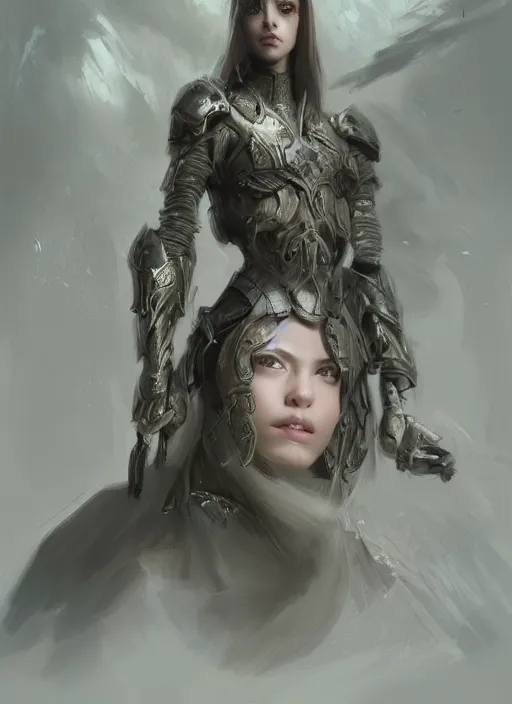 Image similar to a professional portrait of a beautiful young female, clothed in ethereal battle armor, olive skin, long dark hair, beautiful bone structure, symmetrical facial features, intricate, elegant, digital painting, concept art, smooth, sharp focus, finely detailed, illustration, from Valerian and the City of a Thousand Planets, in the style of Ruan Jia and Mandy Jurgens and Artgerm and Greg Rutkowski and William-Adolphe Bouguerea