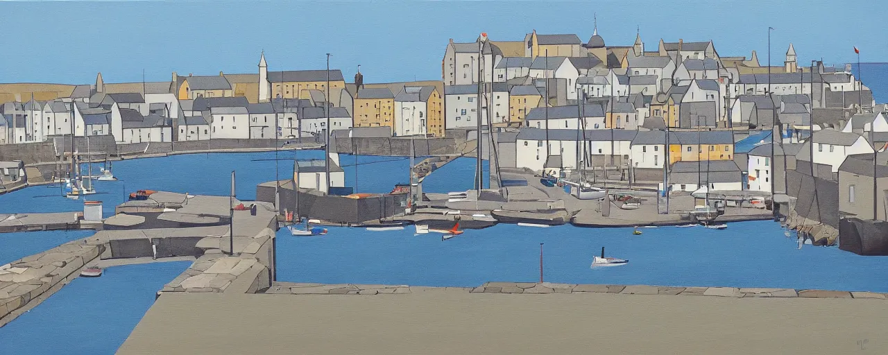 Prompt: a painting of the harbour at Stromness orkney, geometric, ordered, angular, manmade, straight