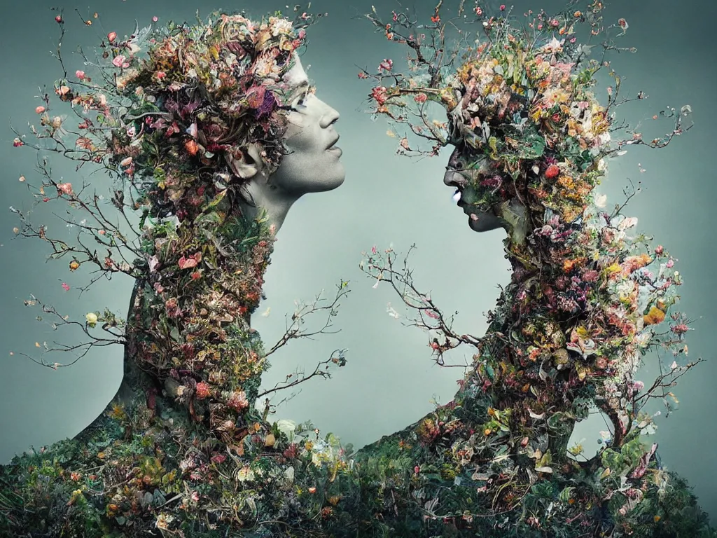 Prompt: a artistic multicalors zoom out picture with singular human -tree with crown like mycelium blossom branches highly detailed, flowers and plants by Alberto Seveso, by Alessio Albi, by Albert Bierstadt and by Agnes Lawrence Pelton