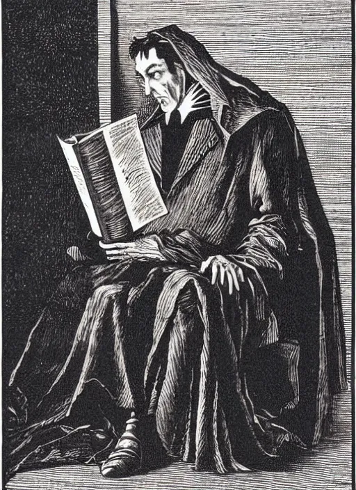 Image similar to dracula reading a book, art by james o barr and albrecht durer, woodblock print, engraved, black and white, vector, vector art