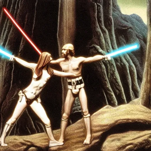 Prompt: a film still of adam and eve ( from the bible ) in star wars 1 9 7 7, realistic, photorealistic