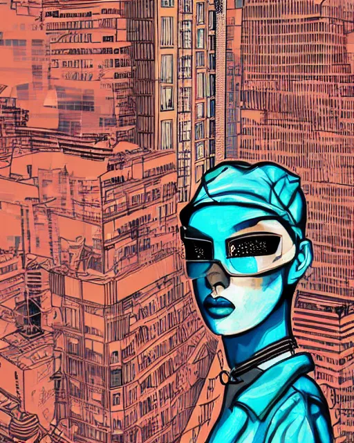 Image similar to cypherpunk fashion illustration, camera face, city street background with high tall buildings, abstract portrait highly detailed, finely detailed