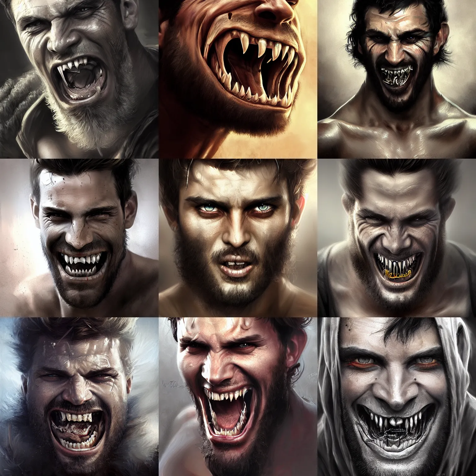 Prompt: young rugged snarling man, hypnotic eyes, large teeth ( ( fangs ) ), digital painting, lots of details, extremely detailed, 4 k, intricate, brush strokes, mark arian, artgerm, bastien lecouffe - deharme