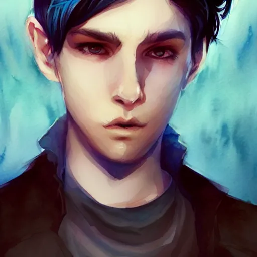 Prompt: teen boy, blue hair, short hair, serious, intricate, ethereal, highly detailed, sharp focus, artstation, watercolor, by charlie bowater and ross tran