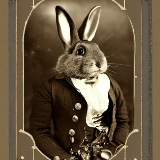 Image similar to a steampunk rabbit, victorian photograph