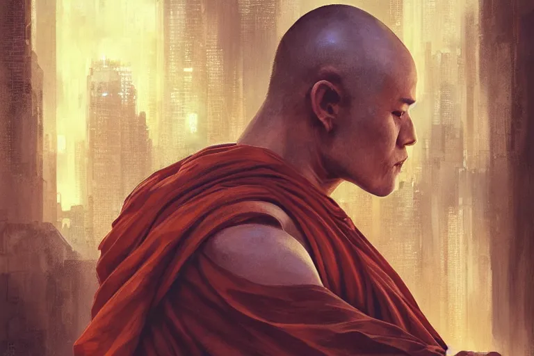 Image similar to Ultra realistic illustration, buddhist monk, cyberpunk, sci-fi, fantasy, intricate, elegant, highly detailed, digital painting, artstation, concept art, smooth, sharp focus, illustration art in the style of artgerm, by greg rutkowski, by albrecht durer,