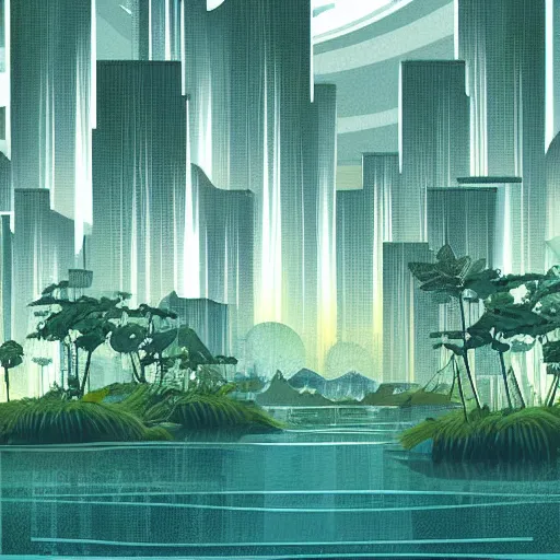 Image similar to beautiful happy picturesque charming organic futuristic sci - fi city in harmony with nature. water and plants. beautiful light. grainy and rough. soft colour scheme. beautiful artistic vector graphic design art print by lurid. ( 2 0 2 2 )