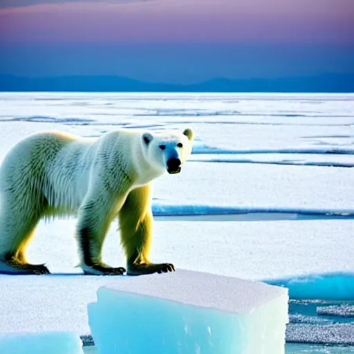 Image similar to a photo of a skinny polar bear beside a block of ice, on a tiny pacific island, beautiful desert island, national geographic