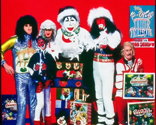 Image similar to 8 0's christmas special, featuring frosty the snowman, the band kiss, and the harlem globe trotters, frame from vhs tape