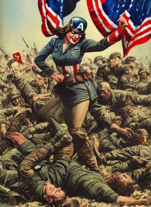 Image similar to female captain america standing on a pile of defeated german soldiers. female captain america wins wwii. american wwii propaganda poster by james gurney. ve day