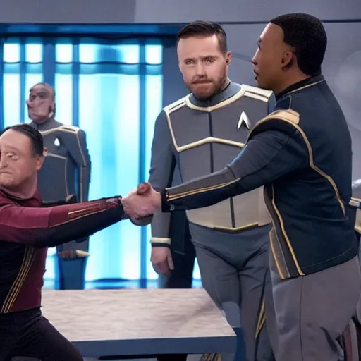 Image similar to isaac from the orville and data from star trek arm wrestling on the holodeck with the cast of both shows cheering on from the sidelines, 8 k, sharp focus, cinematic lighting, highly detailed, perfect anatomy,