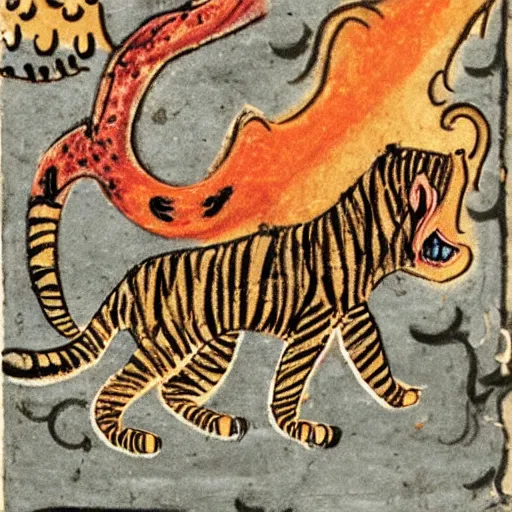 Image similar to bad drawn tiger made of smoke, lava and fire flying in the sky with many legs in a medieval manuscript, medieval manuscript, golden miniatures