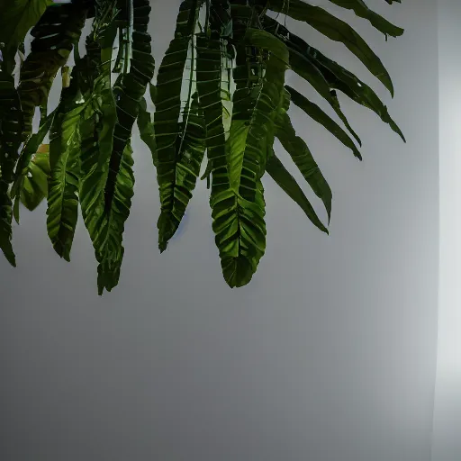 Image similar to an ultra high definition professional studio quality photograph of a transparent iridescent perspex pastel coloured ( ( ( ( jungle leaves on a plant ) ) ) ) in an empty white room. dramatic lighting, ray tracing, refraction, shallow d. o. f, colour corrected, golden ratio, three point light. volumetric shadows. god rays.