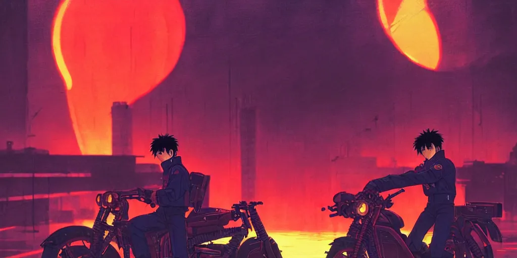 Image similar to twilight lighting, moody, atmospheric, solarpunk, kaneda and his motorcycle from akira, rainy, in the art style of neon genesis : evangelion, 8 0 s anime style, by ghibli studio and victor ngai, ghost in the shell art style, akira artstyle, pixar highly detailed, 8 k h 5 7 6