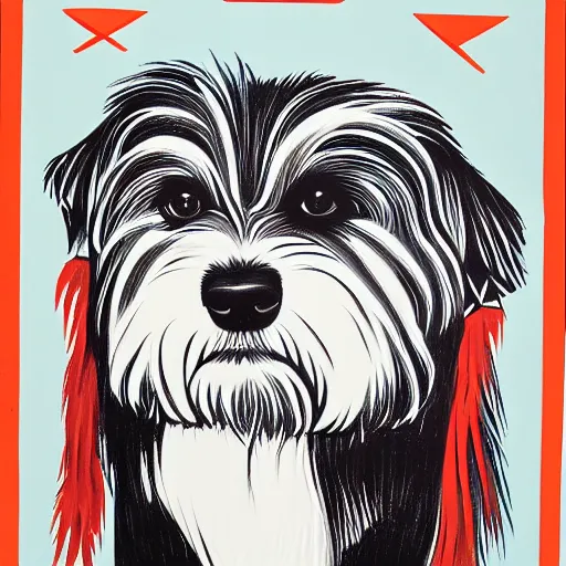 Image similar to tlingit haida lithograph, portrait of havanese dog, simplified forms, multiple colors, print by tristan - wolf reg davidson clifton guthrie maynard johnny jr.